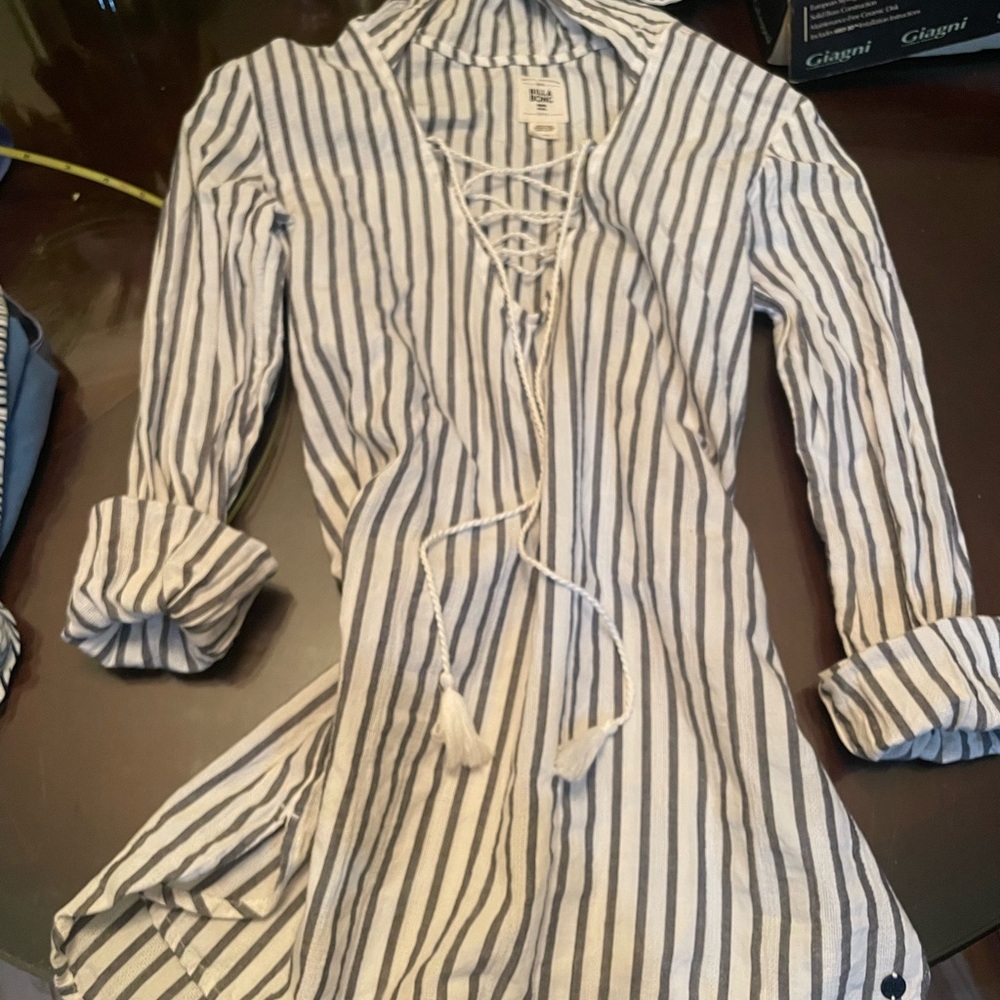 Billabong dark grey and White Striped lace up beach cover up.